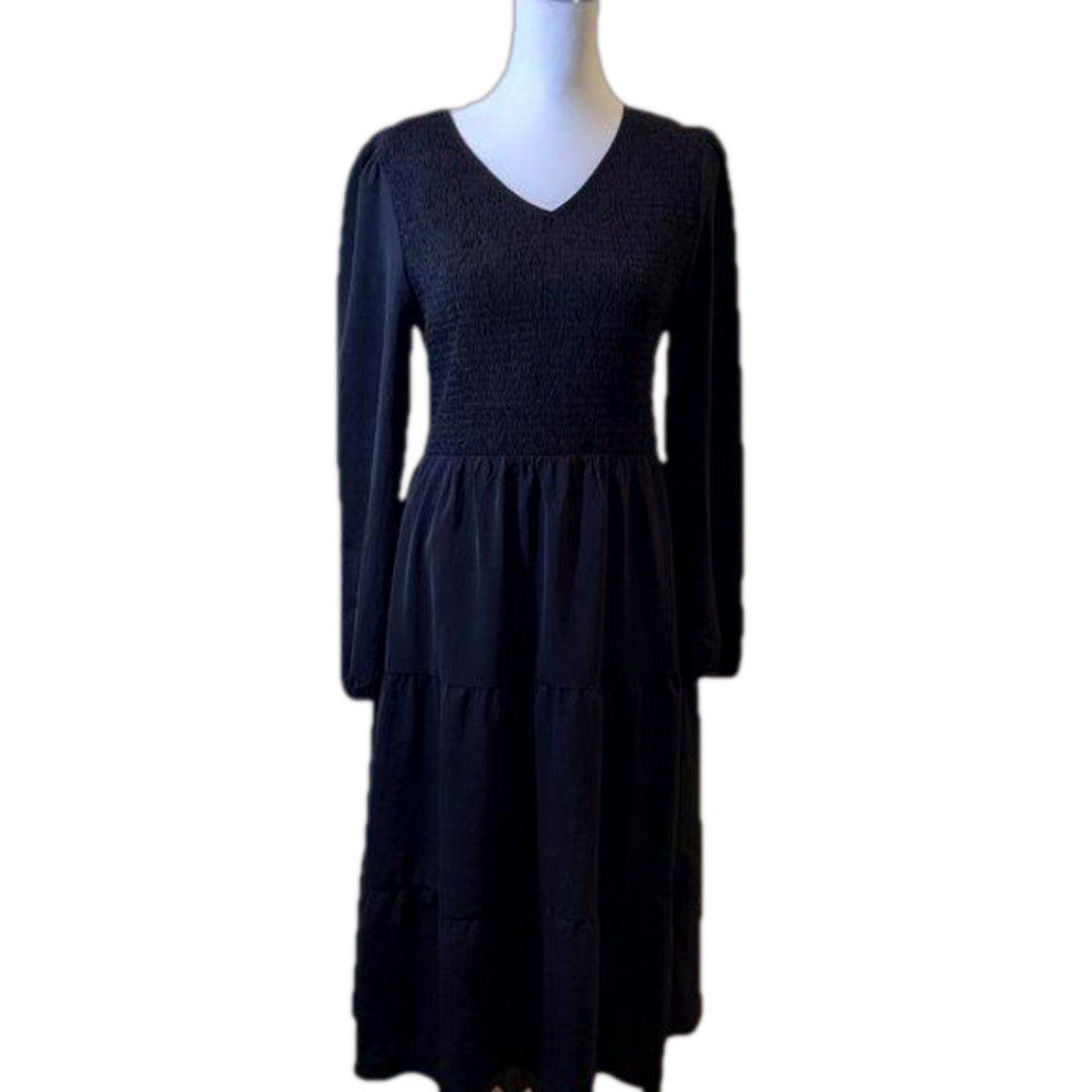 Annebouti Women's V Neck Long Sleeve Solid Tiered Smocked Midi Dress